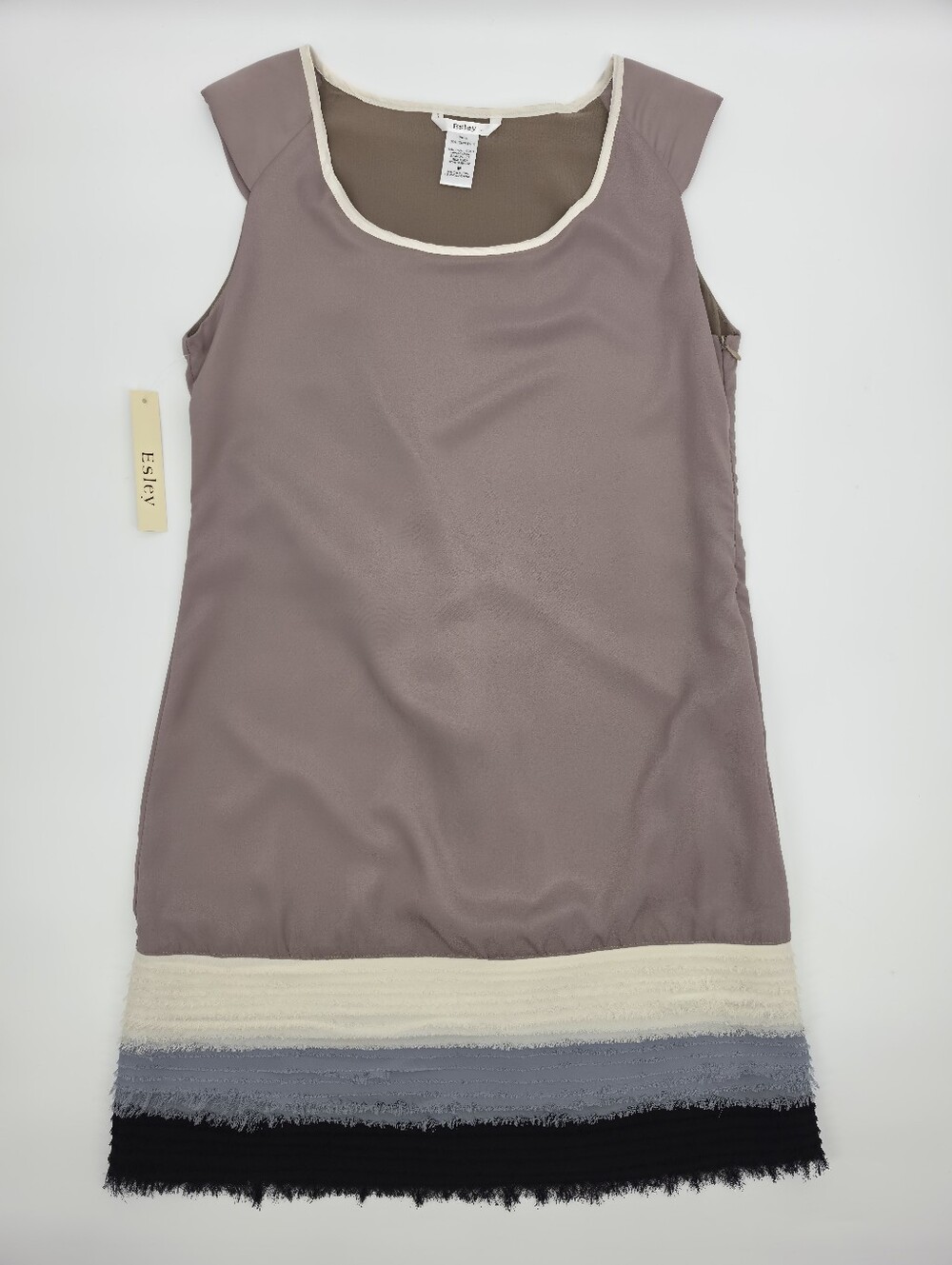 NWT Esley Taupe Layered Fringe Hem Shift Dress Medium Side Zip Cottagecore